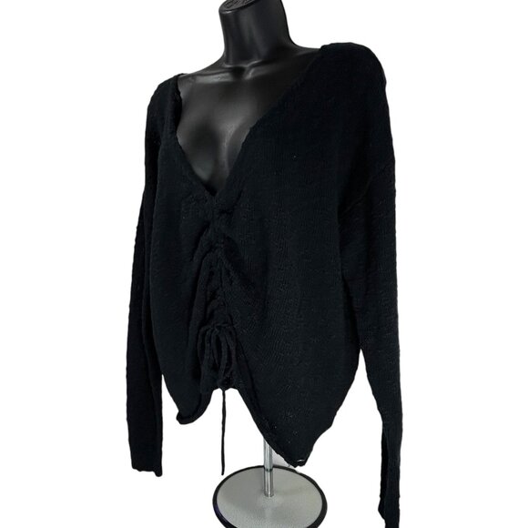 ROXY Rolling Hills Sweater Sz L Black Ruched Front Tie Knit Cotton Nylon Blend - Picture 5 of 13